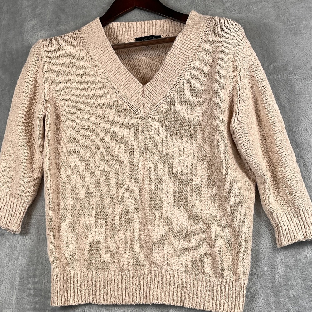 Ann Taylor Womens S V Neck 3/4 Sleeve Chunky Knit Sweater Oatmeal Soft Cotton